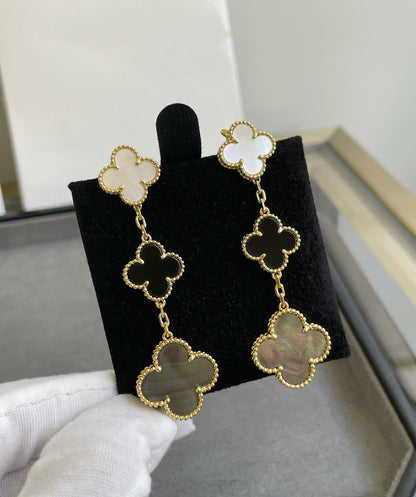 [Echo Fine ]CLOVER 3 MOTIF MOP ONYX DARK MOP PINK GOLD EARRINGS
