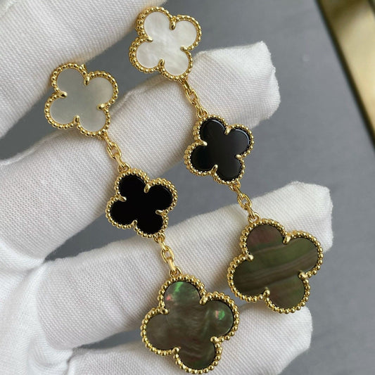 [Echo Fine ]CLOVER 3 MOTIF MOP ONYX DARK MOP PINK GOLD EARRINGS