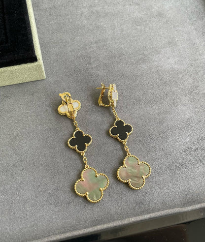 [Echo Fine ]CLOVER 3 MOTIF MOP ONYX DARK MOP PINK GOLD EARRINGS