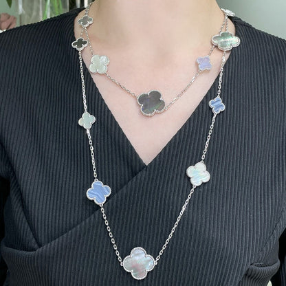 [Echo Fine ]CLOVER 16 MOTIF CHALCEDONY MOP SILVER NECKLACE