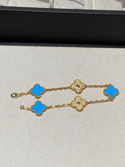 [Echo Fine ]CLOVER 5 MOTIF BLUE CHALCEDONY DIAMOND GOLD BRACELET
