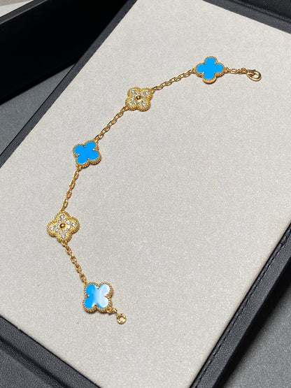 [Echo Fine ]CLOVER 5 MOTIF BLUE CHALCEDONY DIAMOND GOLD BRACELET