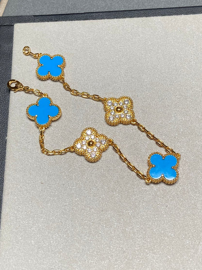 [Echo Fine ]CLOVER 5 MOTIF BLUE CHALCEDONY DIAMOND GOLD BRACELET