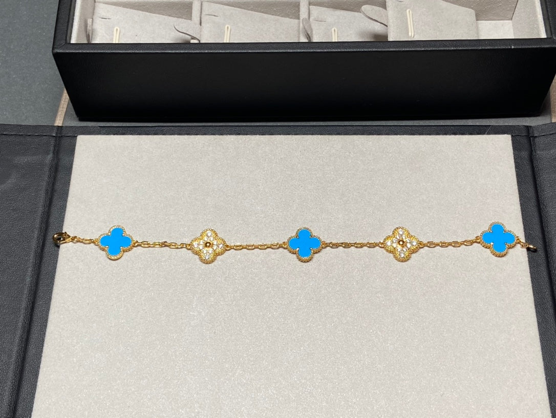 [Echo Fine ]CLOVER 5 MOTIF BLUE CHALCEDONY DIAMOND GOLD BRACELET