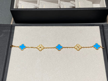 [Echo Fine ]CLOVER 5 MOTIF BLUE CHALCEDONY DIAMOND GOLD BRACELET