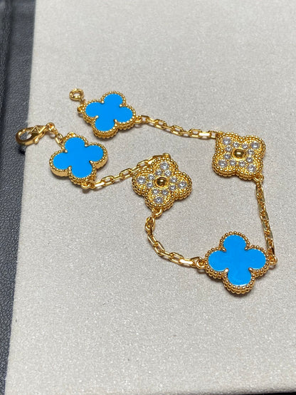 [Echo Fine ]CLOVER 5 MOTIF BLUE CHALCEDONY DIAMOND GOLD BRACELET