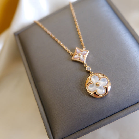 [Echo Fine ]STAR AND SUN WHITE MOP 2 MOTIF PINK GOLD NECKLACE