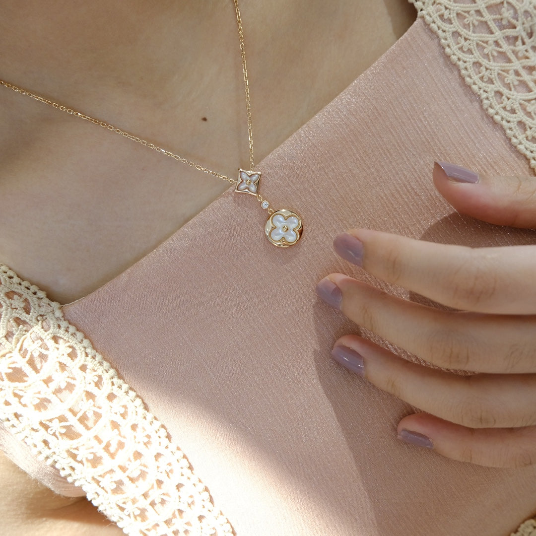 [Echo Fine ]STAR AND SUN WHITE MOP 2 MOTIF PINK GOLD NECKLACE
