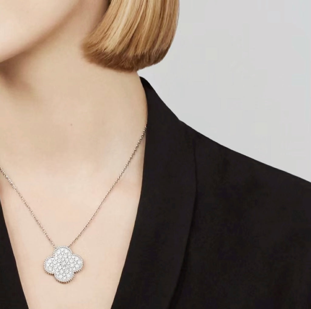 [Echo Fine ]CLOVER 25MM LARGE PENDANT DIAMOND PAVED SILVER NECKLACE