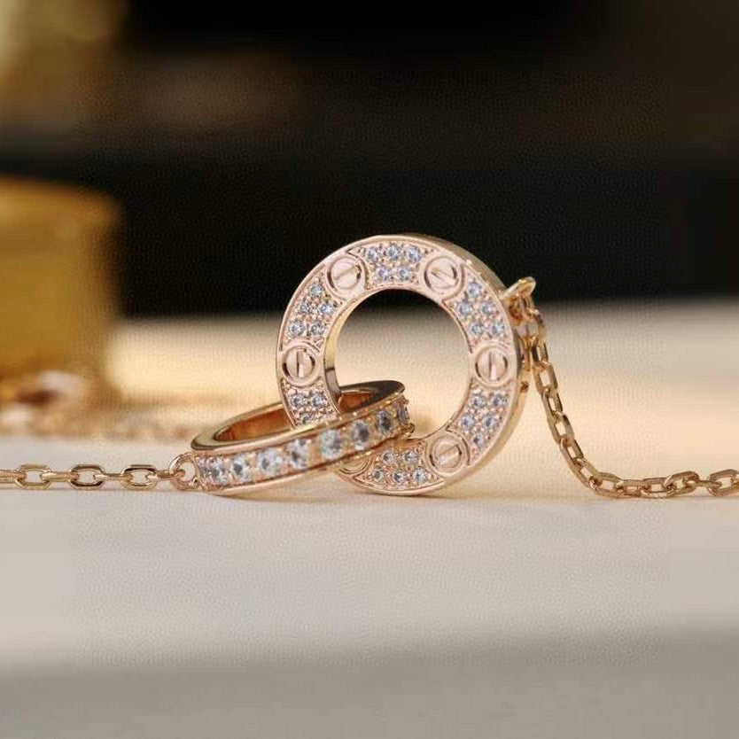 [Echo Fine ]LOVE 7.6MM NECKLACE ROSE GOLD AND SILVER  FULL DIAMOND