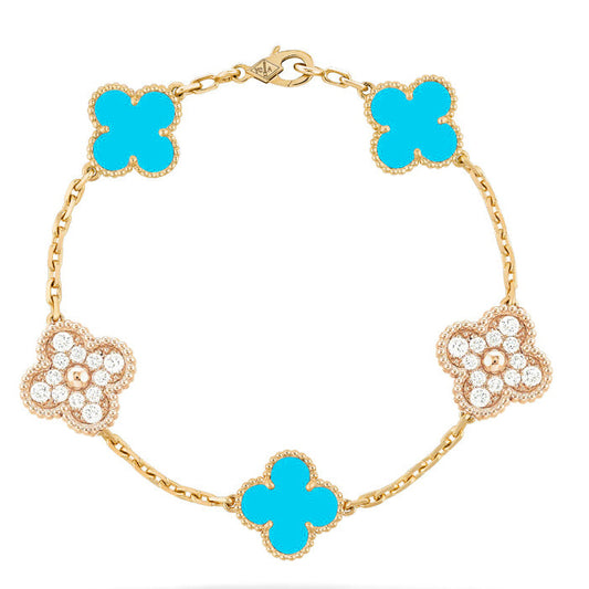[Echo Fine ]CLOVER 5 MOTIF TURQUOISE DIAMOND GOLD BRACELET