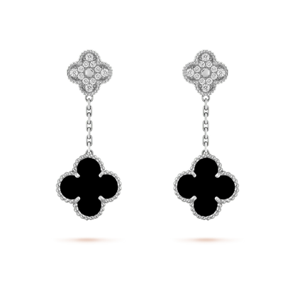 [Echo Fine ]CLOVER 2 MOTIFS  DIAMOND ONYX EARRINGS SILVER