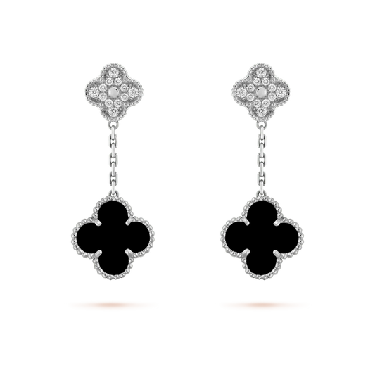 [Echo Fine ]CLOVER 2 MOTIFS  DIAMOND ONYX EARRINGS SILVER