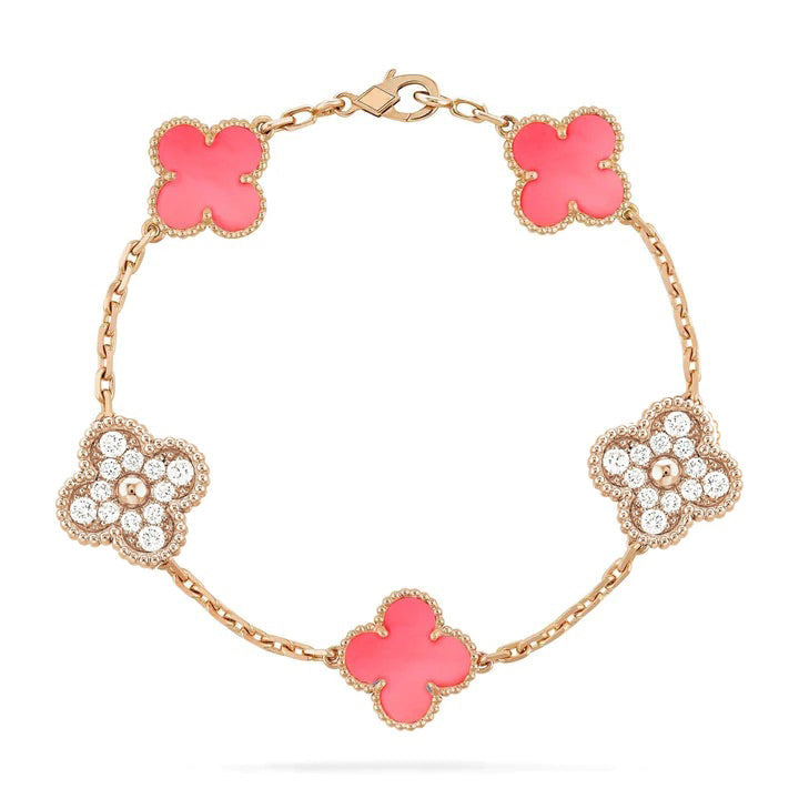 [Echo Fine ]CLOVER 5 MOTIF DIAMOND PINK MOP PINK GOLD BRACELET
