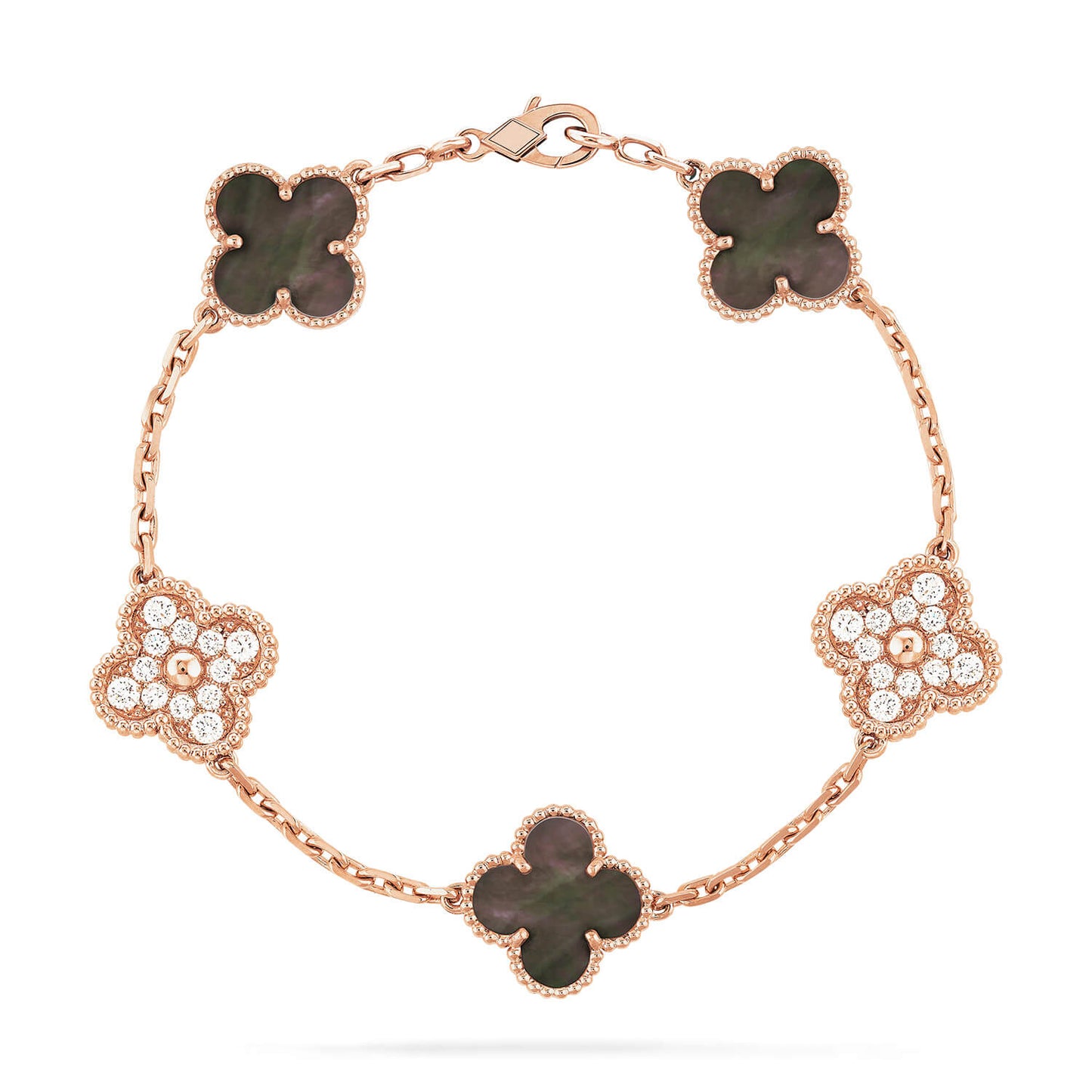 [Echo Fine ]CLOVER 5 MOTIFS DARK MOP AND DIAMONDS PINK GOLD BRACELET