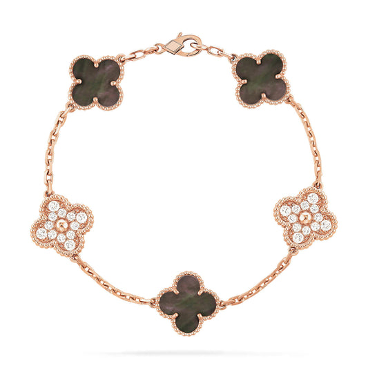[Echo Fine ]CLOVER 5 MOTIFS DARK MOP AND DIAMONDS PINK GOLD BRACELET