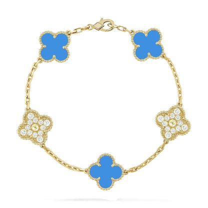 [Echo Fine ]CLOVER 5 MOTIF BLUE CHALCEDONY DIAMOND GOLD BRACELET