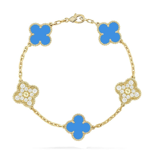 [Echo Fine ]CLOVER 5 MOTIF BLUE CHALCEDONY DIAMOND GOLD BRACELET