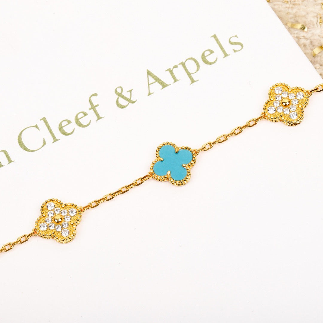 [Echo Fine ]CLOVER 5 MOTIF TURQUOISE DIAMOND GOLD BRACELET