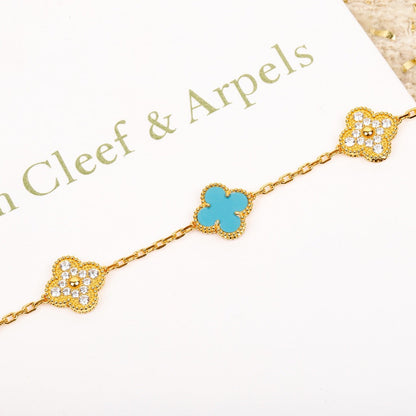 [Echo Fine ]CLOVER 5 MOTIF TURQUOISE DIAMOND GOLD BRACELET