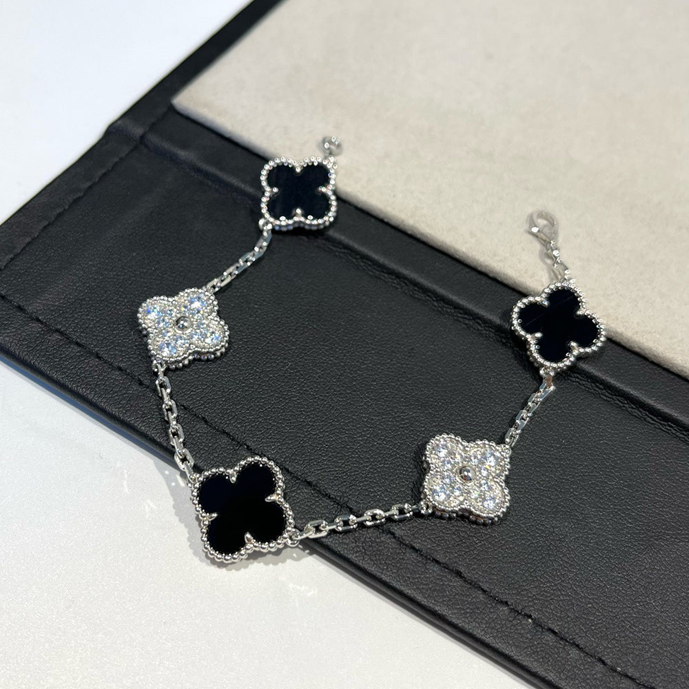 [Echo Fine ]CLOVER 5 MOTIF ONYXS DIAMOND BRACELET SILVER