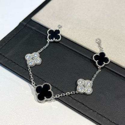 [Echo Fine ]CLOVER 5 MOTIF ONYXS DIAMOND BRACELET SILVER
