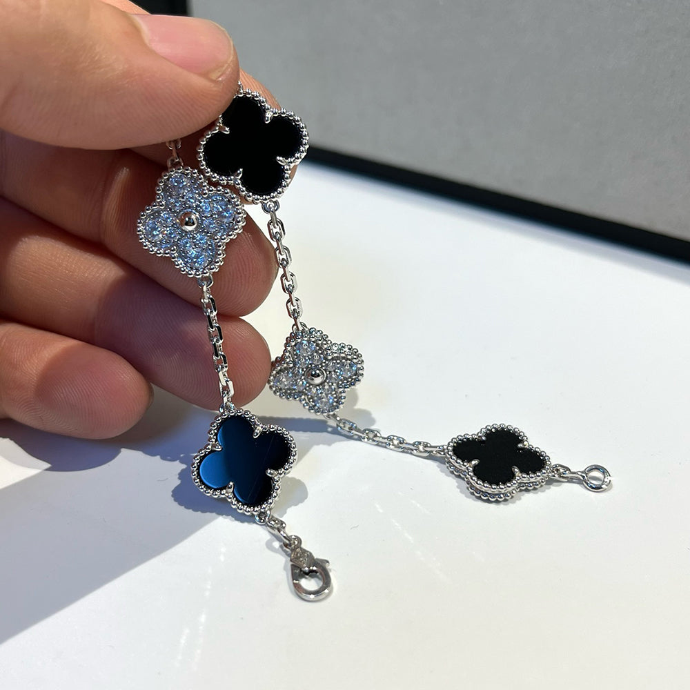 [Echo Fine ]CLOVER 5 MOTIF ONYXS DIAMOND BRACELET SILVER
