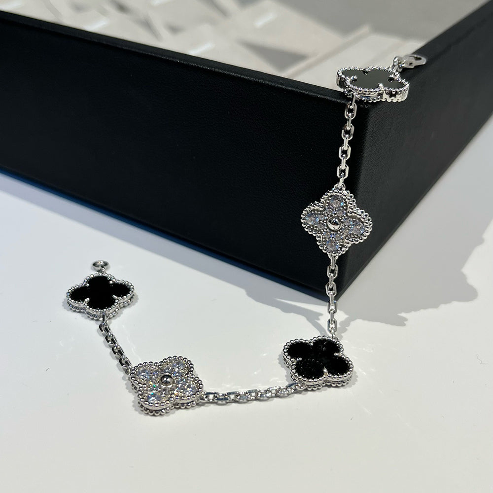 [Echo Fine ]CLOVER 5 MOTIF ONYXS DIAMOND BRACELET SILVER