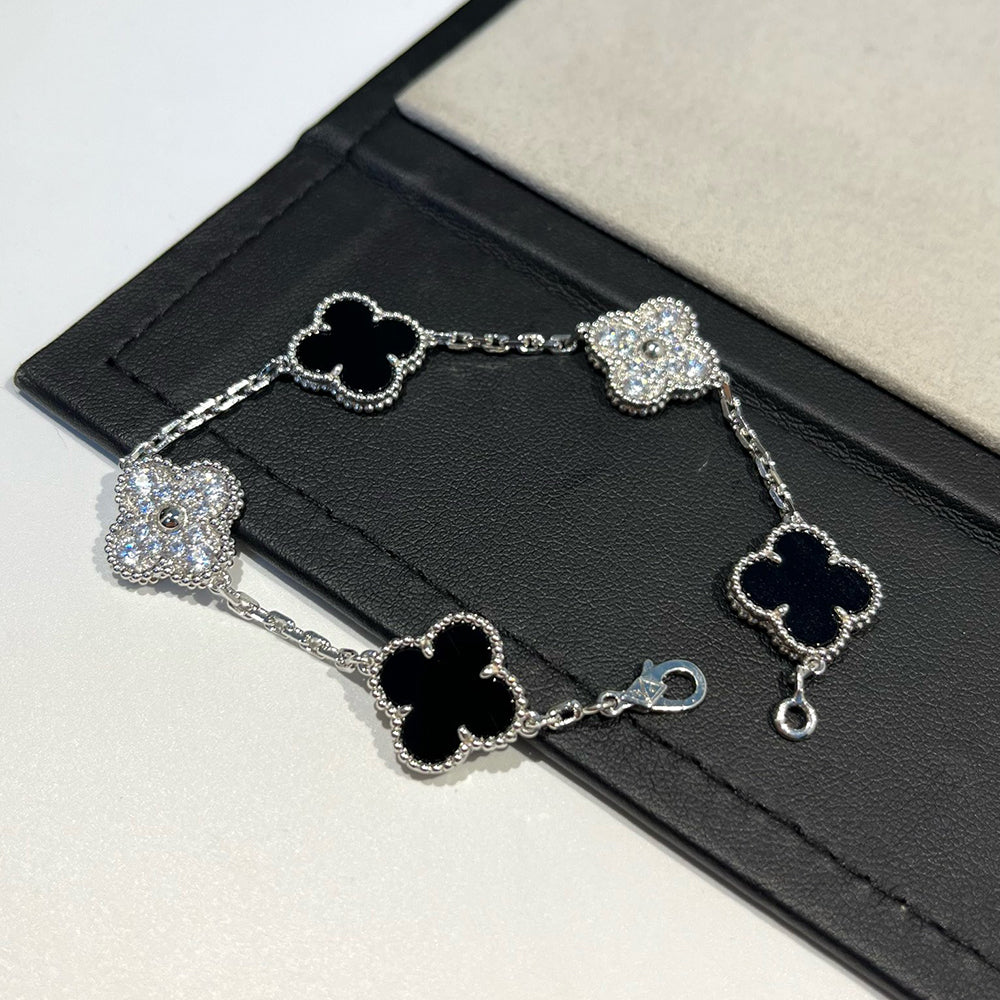 [Echo Fine ]CLOVER 5 MOTIF ONYXS DIAMOND BRACELET SILVER