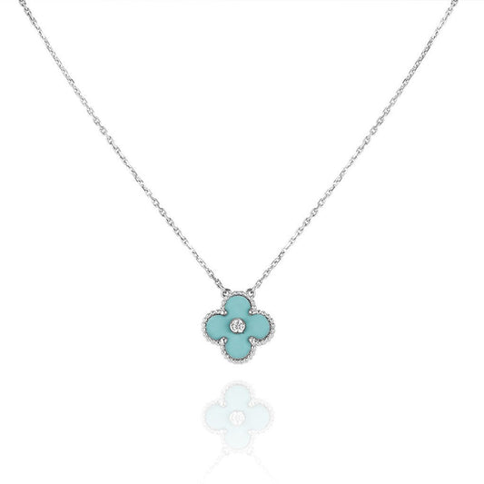 [Echo Fine ]CLOVER 1 DIAMOND LIGHT BLUE SILVER NECKLACE