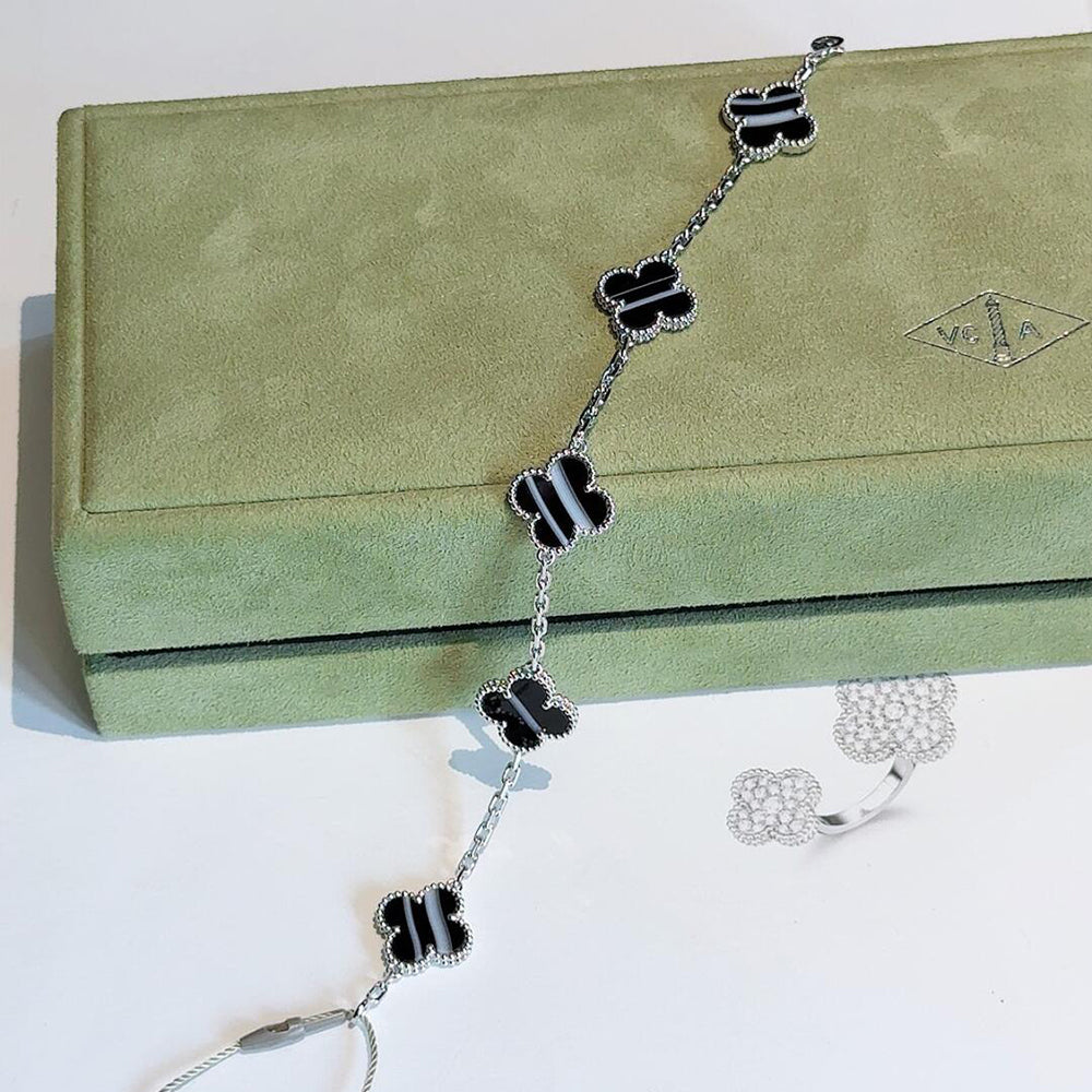 [Echo Fine ]CLOVER 5 MOTIF VEINED ONYX BRACELET SILVER