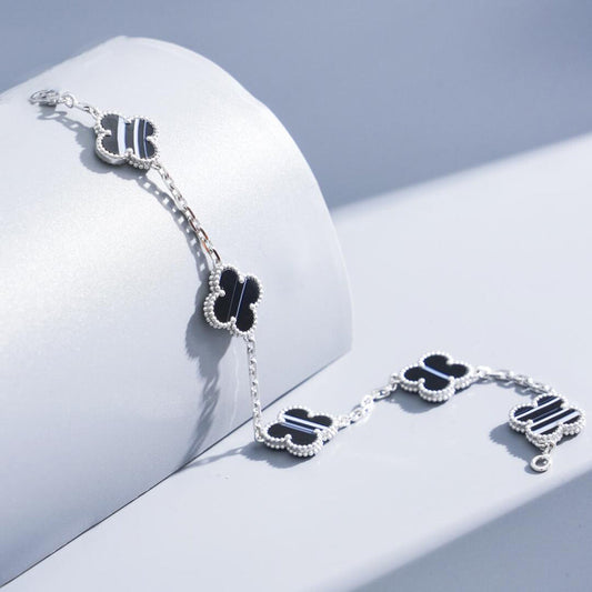 [Echo Fine ]CLOVER 5 MOTIF VEINED ONYX BRACELET SILVER