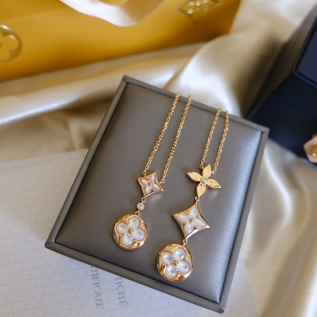 [Echo Fine ]COLOR BLOSSOM LARIAT NECKLACE PINK GOLD WHITE MOTHER PEARL AND DIAMOND
