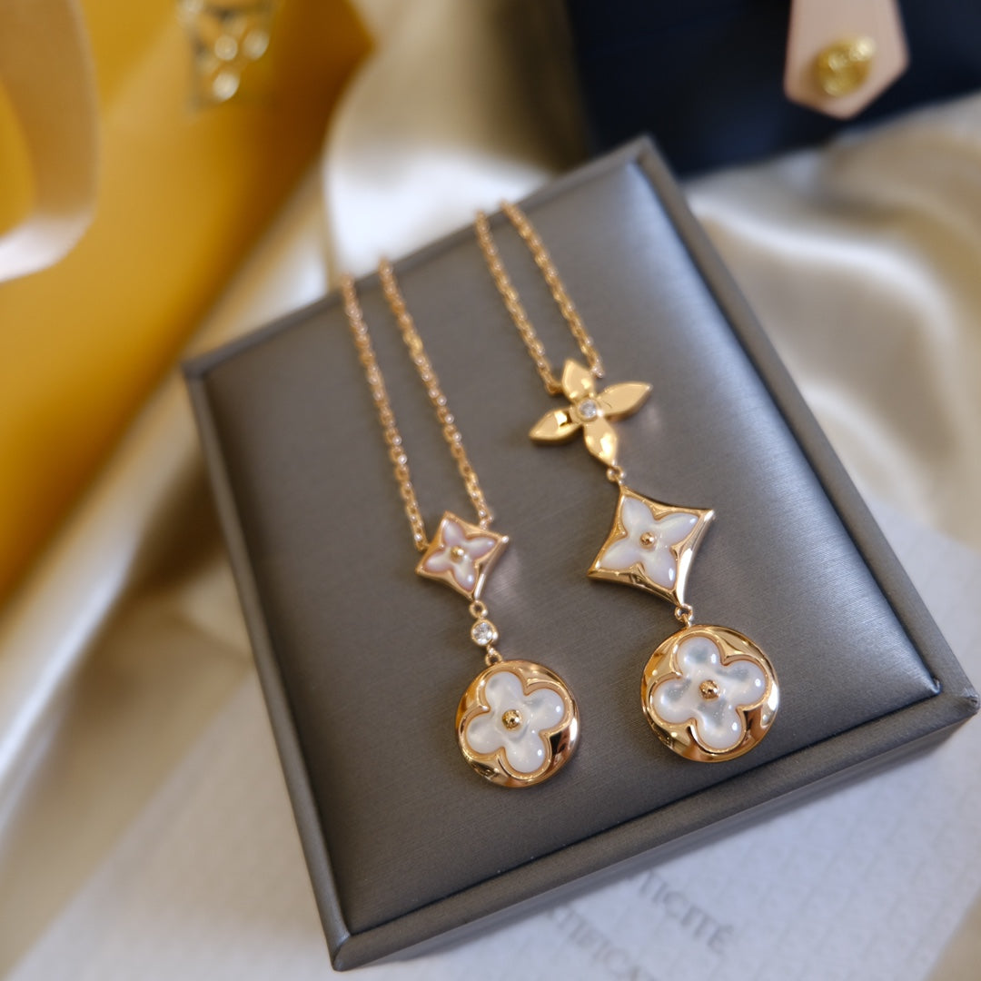 [Echo Fine ]COLOR BLOSSOM LARIAT NECKLACE PINK GOLD WHITE MOTHER PEARL AND DIAMOND