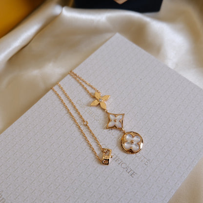 [Echo Fine ]COLOR BLOSSOM LARIAT NECKLACE PINK GOLD WHITE MOTHER PEARL AND DIAMOND