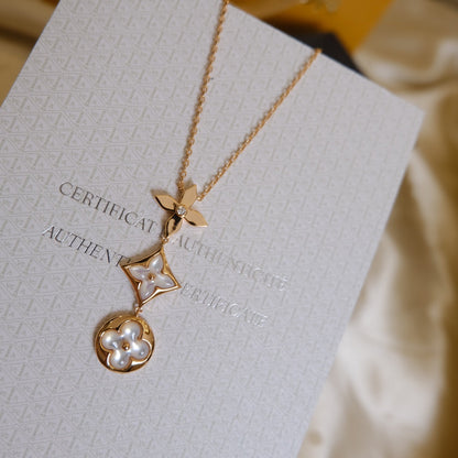 [Echo Fine ]COLOR BLOSSOM LARIAT NECKLACE PINK GOLD WHITE MOTHER PEARL AND DIAMOND