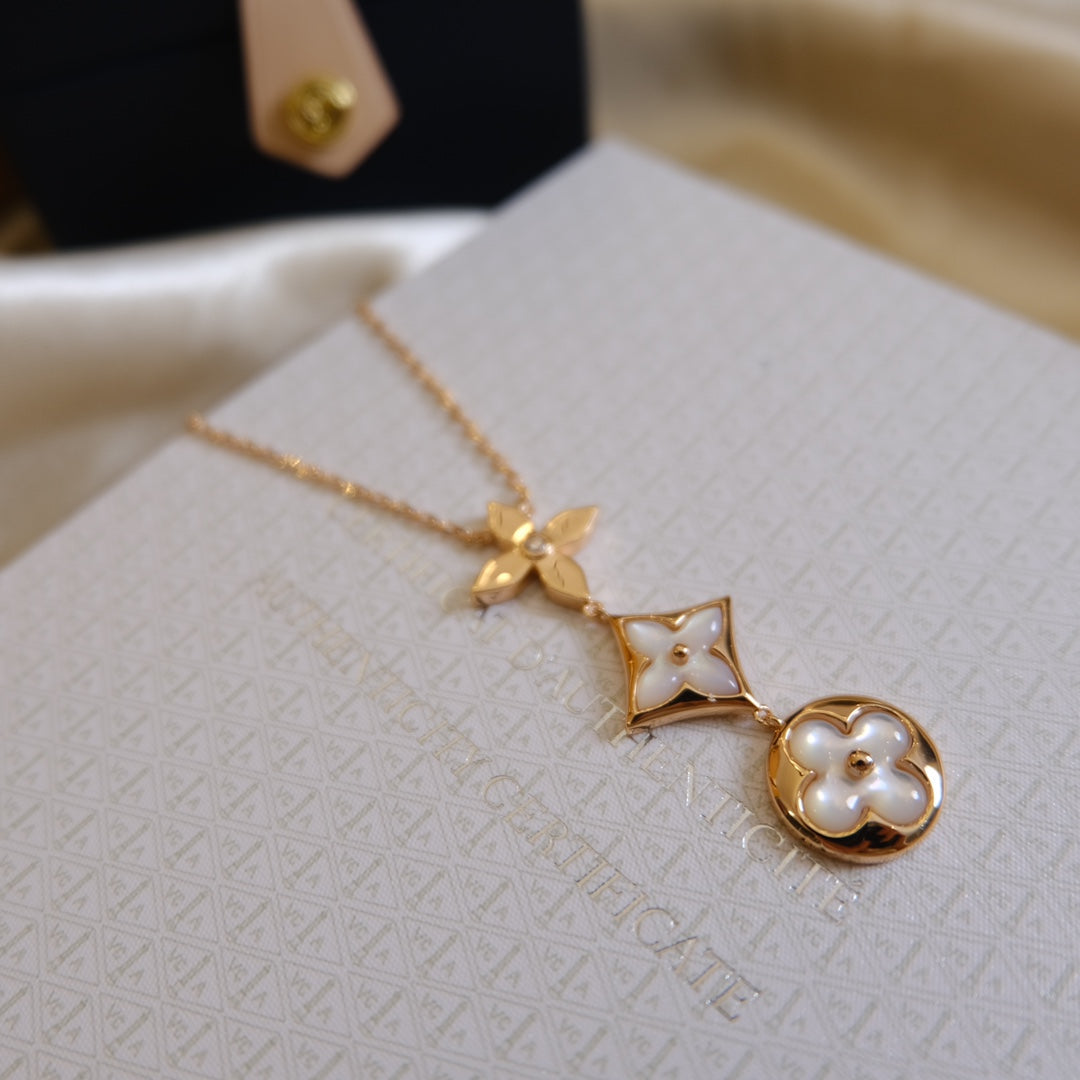 [Echo Fine ]COLOR BLOSSOM LARIAT NECKLACE PINK GOLD WHITE MOTHER PEARL AND DIAMOND