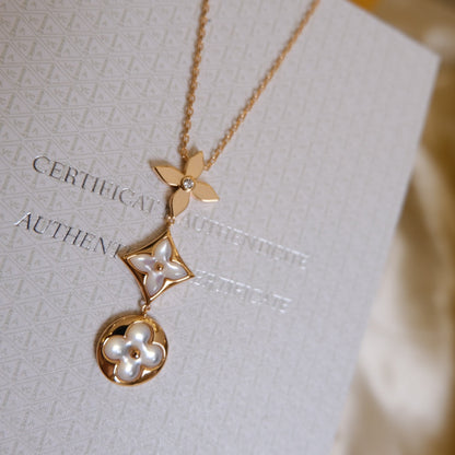 [Echo Fine ]COLOR BLOSSOM LARIAT NECKLACE PINK GOLD WHITE MOTHER PEARL AND DIAMOND