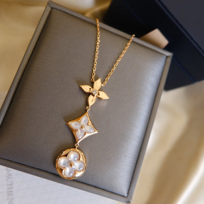 [Echo Fine ]COLOR BLOSSOM LARIAT NECKLACE PINK GOLD WHITE MOTHER PEARL AND DIAMOND