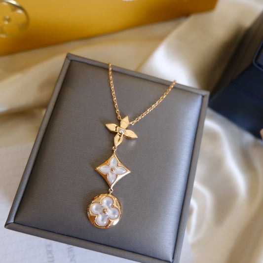[Echo Fine ]COLOR BLOSSOM LARIAT NECKLACE PINK GOLD WHITE MOTHER PEARL AND DIAMOND