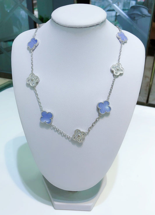 [Echo Fine ]CLOVER 10 MOTIFS CHALCEDONY DIAMONDS SILVER NECKLACE