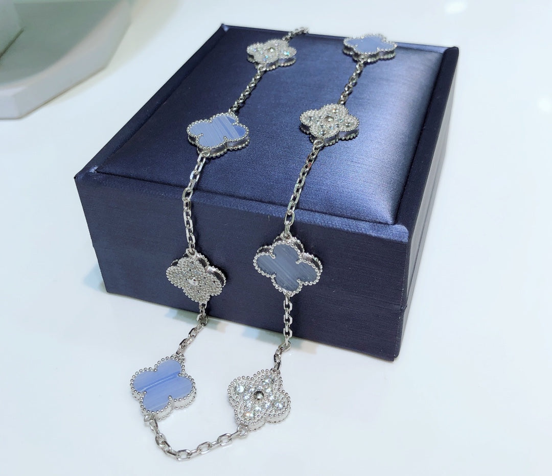 [Echo Fine ]CLOVER 10 MOTIFS CHALCEDONY DIAMONDS SILVER NECKLACE