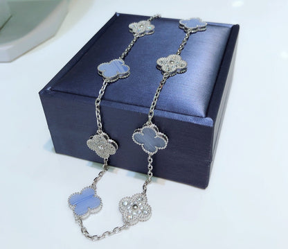 [Echo Fine ]CLOVER 10 MOTIFS CHALCEDONY DIAMONDS SILVER NECKLACE