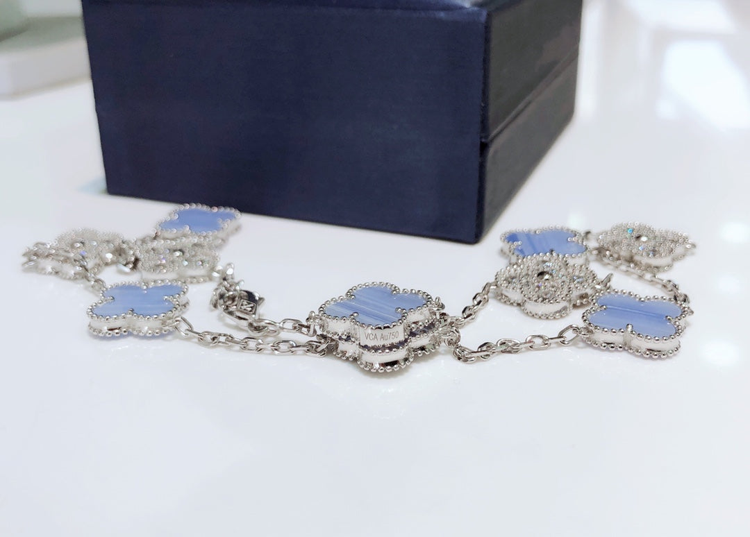 [Echo Fine ]CLOVER 10 MOTIFS CHALCEDONY DIAMONDS SILVER NECKLACE