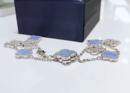 [Echo Fine ]CLOVER 10 MOTIFS CHALCEDONY DIAMONDS SILVER NECKLACE