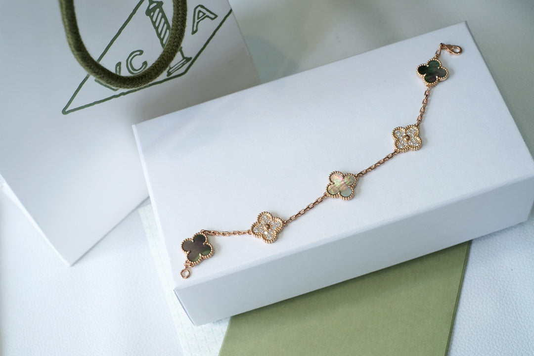 [Echo Fine ]CLOVER 5 MOTIFS DARK MOP AND DIAMONDS PINK GOLD BRACELET