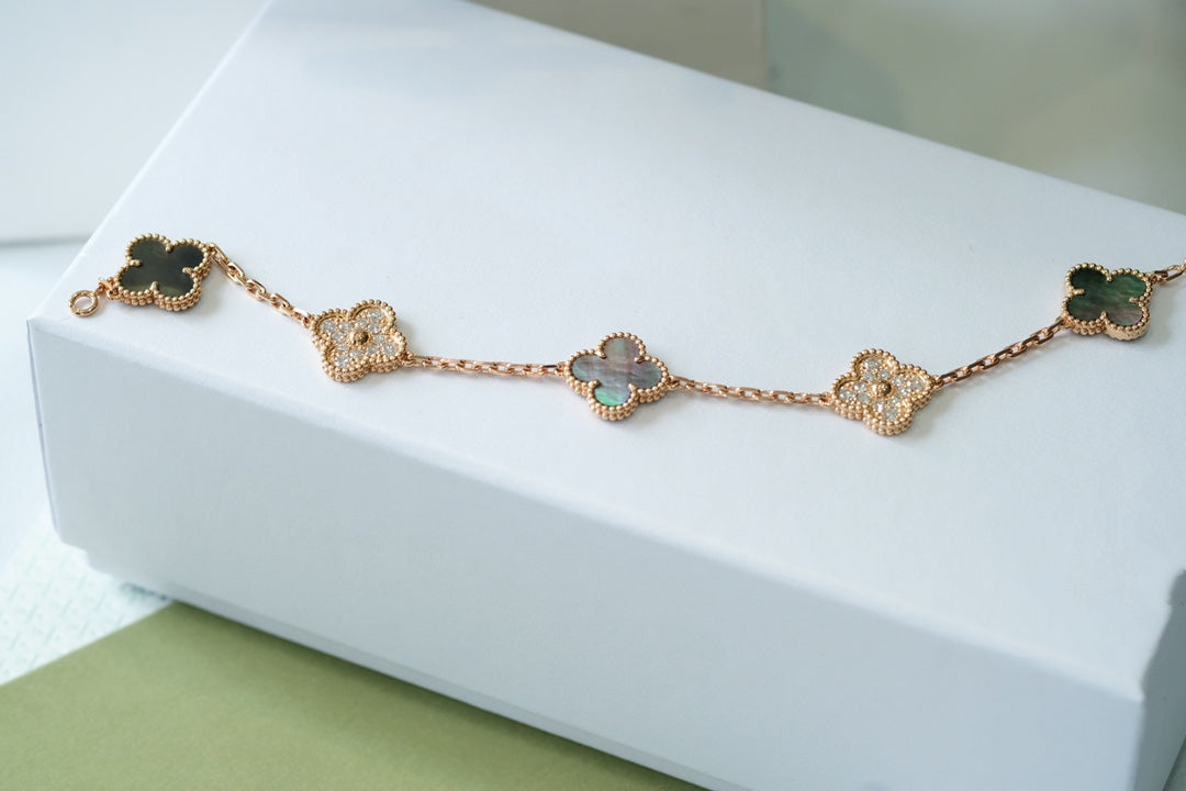 [Echo Fine ]CLOVER 5 MOTIFS DARK MOP AND DIAMONDS PINK GOLD BRACELET