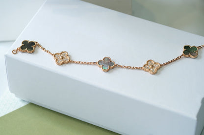 [Echo Fine ]CLOVER 5 MOTIFS DARK MOP AND DIAMONDS PINK GOLD BRACELET