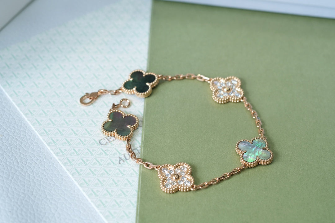 [Echo Fine ]CLOVER 5 MOTIFS DARK MOP AND DIAMONDS PINK GOLD BRACELET