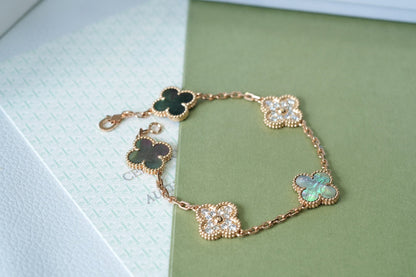 [Echo Fine ]CLOVER 5 MOTIFS DARK MOP AND DIAMONDS PINK GOLD BRACELET